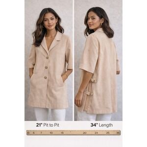 MJ Seattle Vintage Faux Suede Short Sleeve Longline Jacket Beige Tan Medium